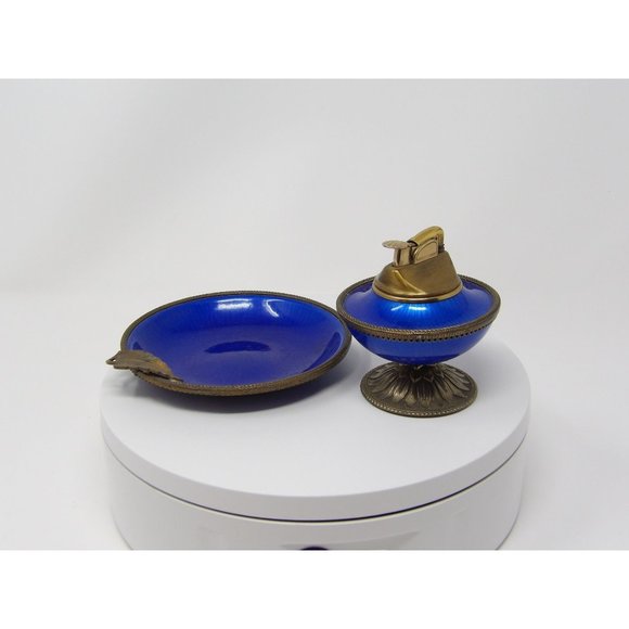 Evans Elegance Blue Enamel & Brass Guilloche Pedestal Table Lighter & Ashtray - Picture 3 of 10